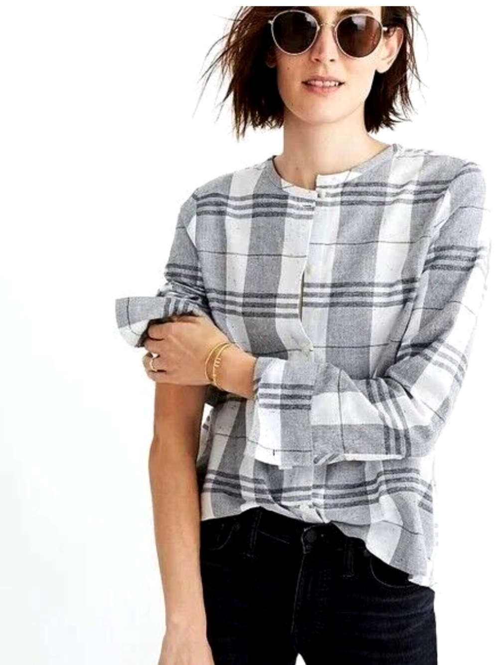 Madewell Plaid Collarless Button Down High-Low Shirt Grey White Size XS